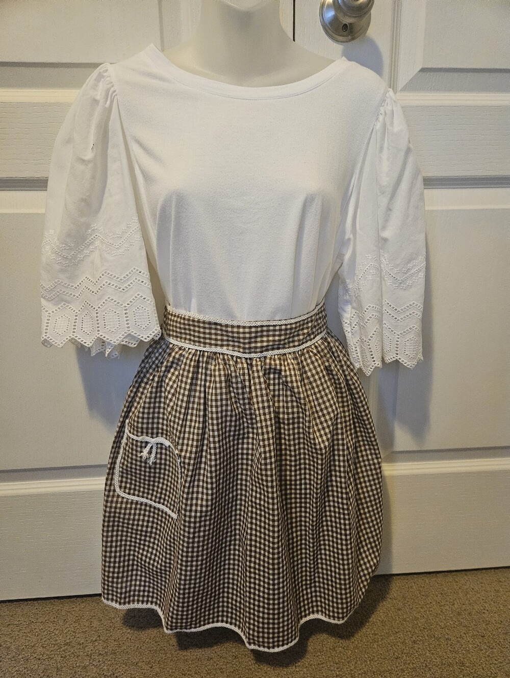 Brown Vintage Gingham Half Apron, With Pocket